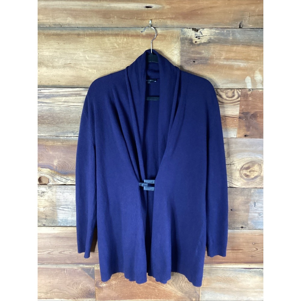 Lafayette 148 Wool Cashmere Navy Shawl Collar Cardigan Blk Leather Clasp Closure